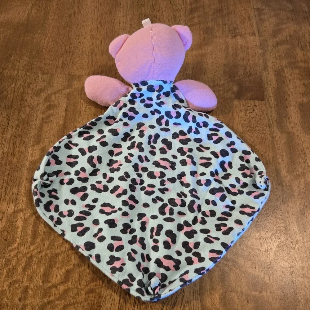 Sleep On It Pink Bear Lovey Security Blanket Blue Pink Leopard Print Knot Corner